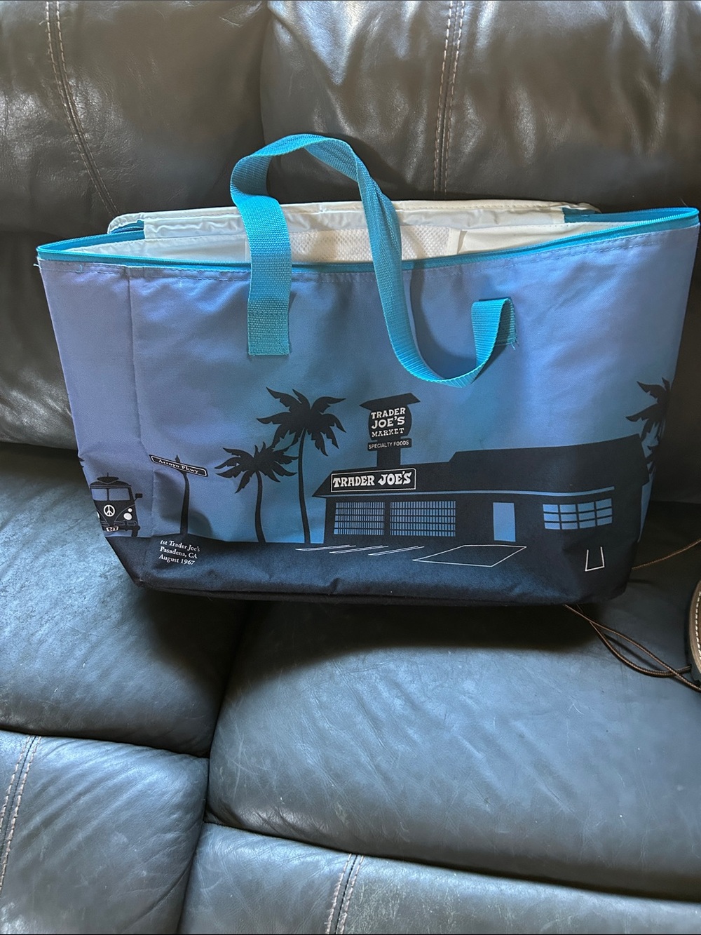 Trader Joe's Blue & Black Reusable Tote with Teal Handles